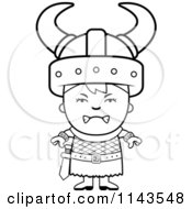 Cartoon Clipart Of A Black And White Mad Viking Boy Vector Outlined Coloring Page