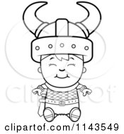 Cartoon Clipart Of A Black And White Happy Viking Boy Sitting Vector Outlined Coloring Page