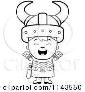 Cartoon Clipart Of A Black And White Happy Viking Boy Cheering Vector Outlined Coloring Page