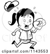 Cartoon Clipart Of A Black And White Softball Baseball Girl Catching A Ball Vector Outlined Coloring Page