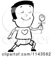 Cartoon Clipart Of A Black And White Romantic Boy Holding Out A Rose Vector Outlined Coloring Page