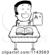 Poster, Art Print Of Black And White Smart School Boy Sitting At A Desk With An A Plus Report Card
