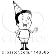 Cartoon Clipart Of A Black And White Boy Wearing A Party Hat And Holding Juice Vector Outlined Coloring Page