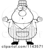 Cartoon Clipart Of A Black And White Shrugging Train Engineer Vector Outlined Coloring Page