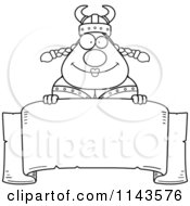 Cartoon Clipart Of A Black And White Chubby Female Viking Over A Banner Vector Outlined Coloring Page
