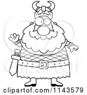 Cartoon Clipart Of A Black And White Chubby Viking Waving Vector Outlined Coloring Page
