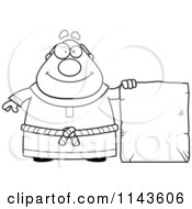 Cartoon Clipart Of A Black And White Chubby Monk With A Tablet Vector Outlined Coloring Page