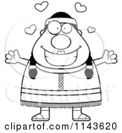 Cartoon Clipart Of A Black And White Chubby Native American Female With Open Arms Vector Outlined Coloring Page