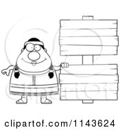 Cartoon Clipart Of A Black And White Chubby Native American Female With Wood Signs Vector Outlined Coloring Page