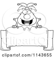 Cartoon Clipart Of A Black And White Chubby Jester Over A Banner Vector Outlined Coloring Page