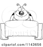 Cartoon Clipart Of A Black And White Happy Ladybug Over A Ribbon Banner Vector Outlined Coloring Page