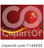 Clipart Of A Lit Red Christmas Candle And Poinsettia Background With Golden Waves And Grunge Royalty Free Vector Illustration