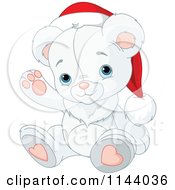 Poster, Art Print Of Cute Christmas Teddy Polar Bear Waving And Wearing A Santa Hat