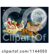Poster, Art Print Of Santas Magic Reindeer And Sleigh Flying Near The Moon On Christmas Eve