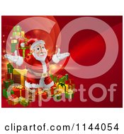 Poster, Art Print Of Red Christmas Background With Santa And A Tower Of Presents