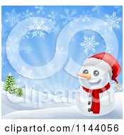 Poster, Art Print Of Happy Christmas Snowman Smiling With Hills And Snowflakes