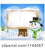 Happy Christmas Snowman In A Top Hat By A Wood Sign Post