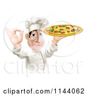 Clipart Of A Pleased Chef Gesturing Ok And Holding A Pizza Royalty Free Vector Illustration