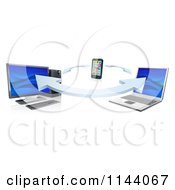 Clipart Of A 3d Cell Phone Desktop And Laptop Computer Communication Through Syncronization Royalty Free Vector Illustration
