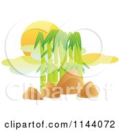 Cartoon Of Boulders And Bamboo At Sunset Royalty Free Vector Clipart