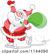 Poster, Art Print Of Santa Cheerfully Ice Skating With A Sack Over His Shoulder