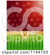 Clipart Of A Christmas Gift Background Of Red Snowflakes And Green Stripes With A Bow Royalty Free Vector Illustration