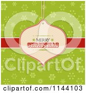 Clipart Of A Merry Christmas Bauble Label Over A Red Ribbon And Green Snowflakes Royalty Free Vector Illustration by elaineitalia