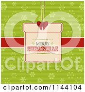Poster, Art Print Of Merry Christmas Gift Label Over A Red Ribbon And Green Snowflakes