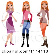Cartoon Of A Stylish Red Haired Woman Showin In Different Outfits Royalty Free Vector Clipart