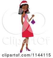 Cartoon Of A Happy Black Christmas Woman Holding A Bauble Royalty Free Vector Clipart by peachidesigns