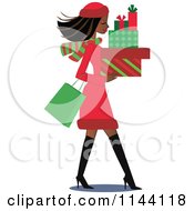 Cartoon Of A Shopping Black Christmas Woman Carrying Gift Boxes Royalty Free Vector Clipart by peachidesigns #COLLC1144118-0137