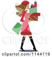 Cartoon Of A Shopping Brunette Christmas Woman Carrying Gift Boxes Royalty Free Vector Clipart by peachidesigns #COLLC1144119-0137