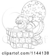 Poster, Art Print Of Outlined Santa And His Bag Looking Down A Chimney