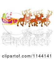 Poster, Art Print Of Outlined And Colored Santa Waving From His Sleigh While Holding The Reins To His Reindeer