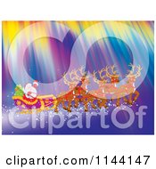Poster, Art Print Of Santa Waving While Flying With His Sleigh And Reindeer Through Northern Lights