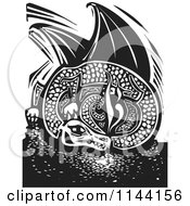 Black And White Resting Fire Breathing Dragon Woodcut