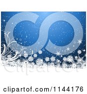 Clipart Of A Blue Christmas Background With Stars And Snowflake Grunge Royalty Free Vector Illustration
