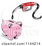 Clipart Of A Retro Gas Station Pump Nozzle Dripping Into A Piggy Bank Royalty Free Vector Illustration