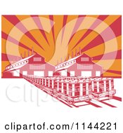 Clipart Of A Retro Oil Factory Plant Building Against Rays Royalty Free Vector Illustration