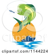 Poster, Art Print Of Retro Mahi Mahi Dolphin Fish Jumping To Bite A Lure With A Boat At Sunset