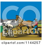 Poster, Art Print Of Retro Farmer And Horse Harvesting Hay