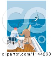 Clipart Of Game Fishers Catching A Marlin From A Boat 2 Royalty Free Vector Illustration