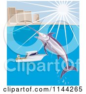 Clipart Of A Leaping Marlin Fish Over A Boat By A City Royalty Free Vector Illustration