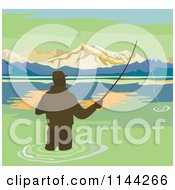 Clipart Of A Wading Fisherman On A Lake Royalty Free Vector Illustration