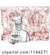 Clipart Of A Sketched Chef Skeleton With Dead Bodies Royalty Free Vector Illustration
