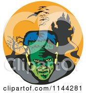 Poster, Art Print Of Retro Frankenstein Bats And Haunted Mansion