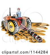 Retro Farmer Tilling A Field With A Tractor