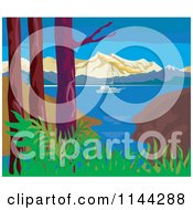Clipart Of A View Of A Sailboat In A Cove Royalty Free Vector Illustration