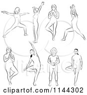 Clipart Of Black And White Line Drawings Of Women Meditating And Doing Yoga Royalty Free Vector Illustration