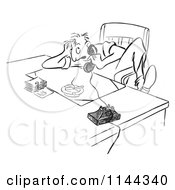 Black And White Stressed Man Talking On A Phone At A Desk With A Burning Cigarette In An Ash Tray